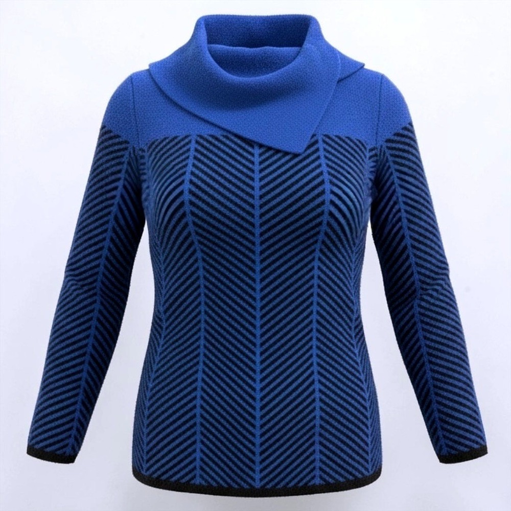 Investments‎ Petites Blue Black Chevron Cowl Neck Sweater PS Rayon Blend Knit